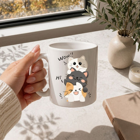 Cute Cat Coffee Mug SVG, Stacked Kittens Cup Design, Kawaii Pet Lover Transparent PNG Wrap