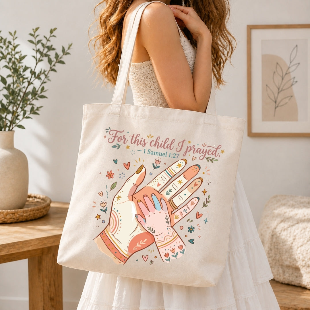 For This Child I Prayed Canvas Tote Bag, Christian Bible Verse Book Bag, Aesthetic Motherhood Shoulder Bag, Reusable Cotton Grocery Bag