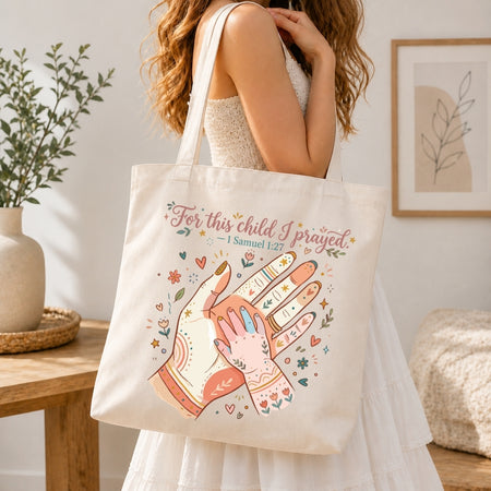 For This Child I Prayed Canvas Tote Bag, Christian Bible Verse Book Bag, Aesthetic Motherhood Shoulder Bag, Reusable Cotton Grocery Bag