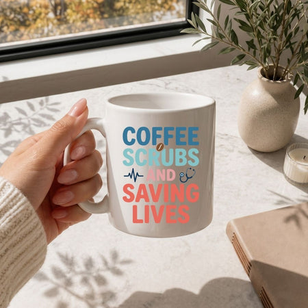 A hand holds a white ceramic mug with the text 'COFFEE SCRUBS AND SAVING LIVES' in blue and coral pink lettering, set in a bright, sunlit room with a window, potted plant, and candle in the background.