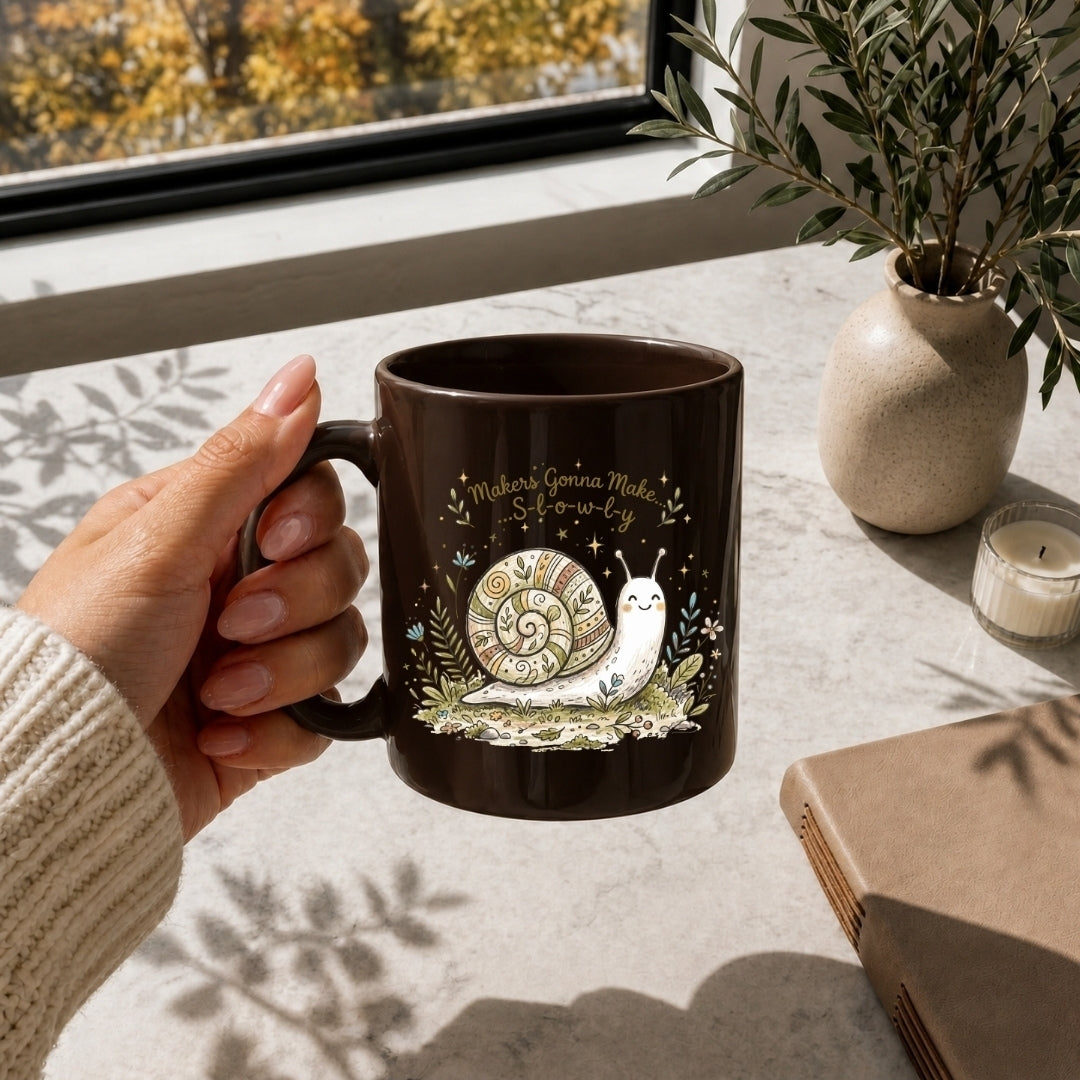 Hand holding a dark brown ceramic coffee mug printed with the cute "Makers Gonna Make... S-l-o-w-l-y" snail design.