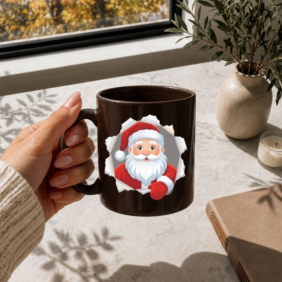 Hand holding a brown coffee mug printed with a cartoon Santa Claus bursting through a torn paper design.