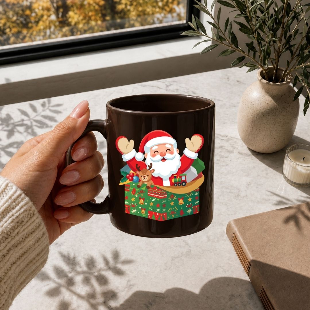 A hand holds a dark brown ceramic mug featuring a colorful Christmas illustration of Santa Claus popping out of a gift box, set on a sunlit tabletop near a window and a potted plant.