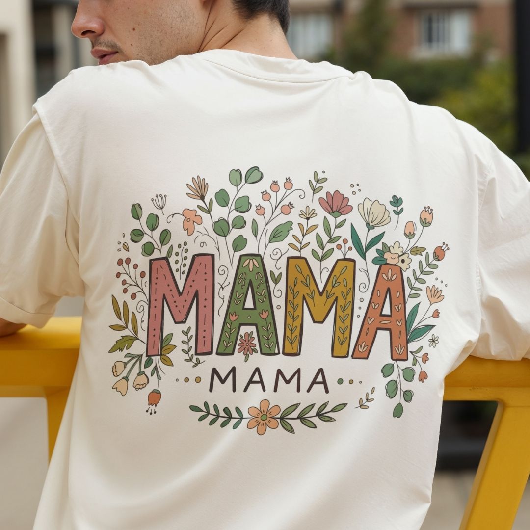 Person wearing a white t-shirt with 'MAMA' design on the back.