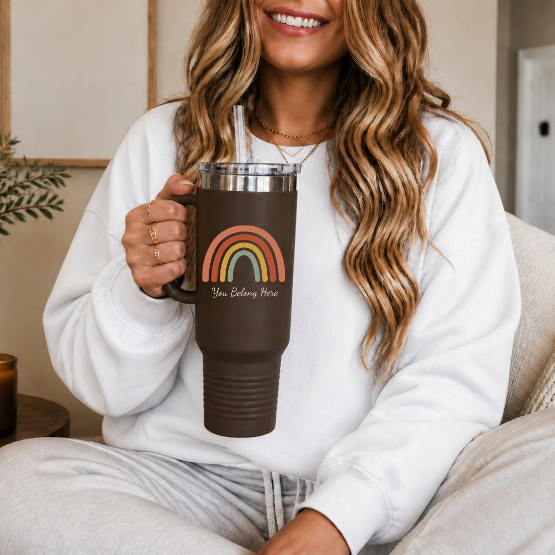 Large Dark Brown Travel Tumbler with Rainbow Illustration