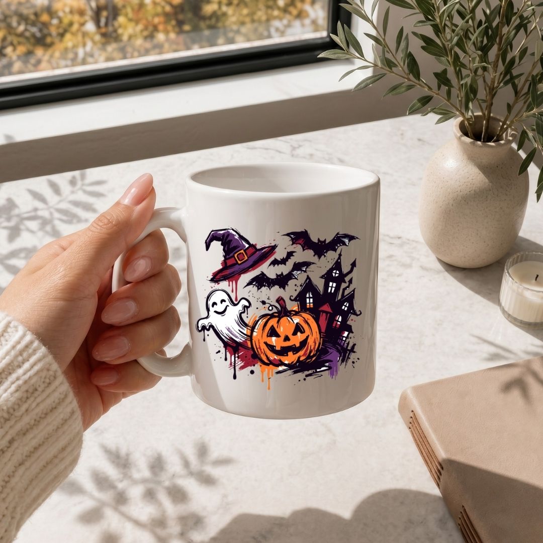 A hand holds a white ceramic mug decorated with a colorful Halloween graphic featuring a jack-o'-lantern, ghost, witch hat, and haunted house. The scene is set on a light marble tabletop near a window with a potted plant and a candle in the background.