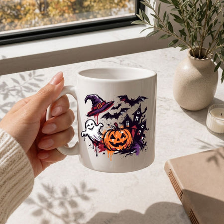 A hand holds a white ceramic mug decorated with a colorful Halloween graphic featuring a jack-o'-lantern, ghost, witch hat, and haunted house. The scene is set on a light marble tabletop near a window with a potted plant and a candle in the background.
