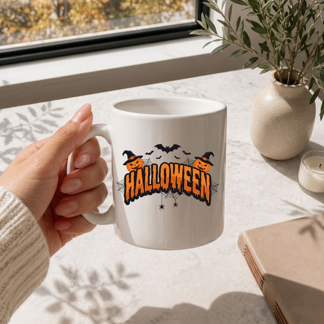 Hand holding a white coffee mug printed with a festive "Halloween" pumpkin and bat design, resting on a marble surface.