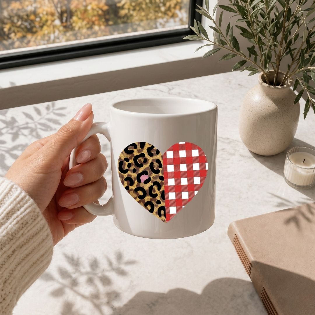 White Ceramic Mug with Leopard and Plaid Heart Mockup