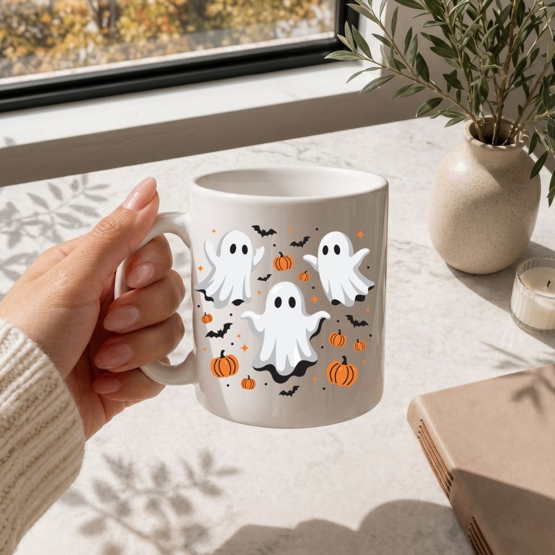 Hand holding a white coffee mug printed with a cute Halloween ghosts and pumpkins design, resting on a marble countertop next to a plant vase.