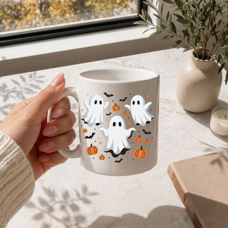 Hand holding a white coffee mug printed with a cute Halloween ghosts and pumpkins design, resting on a marble countertop next to a plant vase.