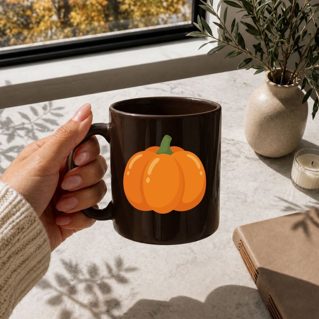 A hand holding a dark brown ceramic mug with a cartoon-style orange pumpkin graphic, set in a sunlit room near a window with a potted plant and candle in the background.