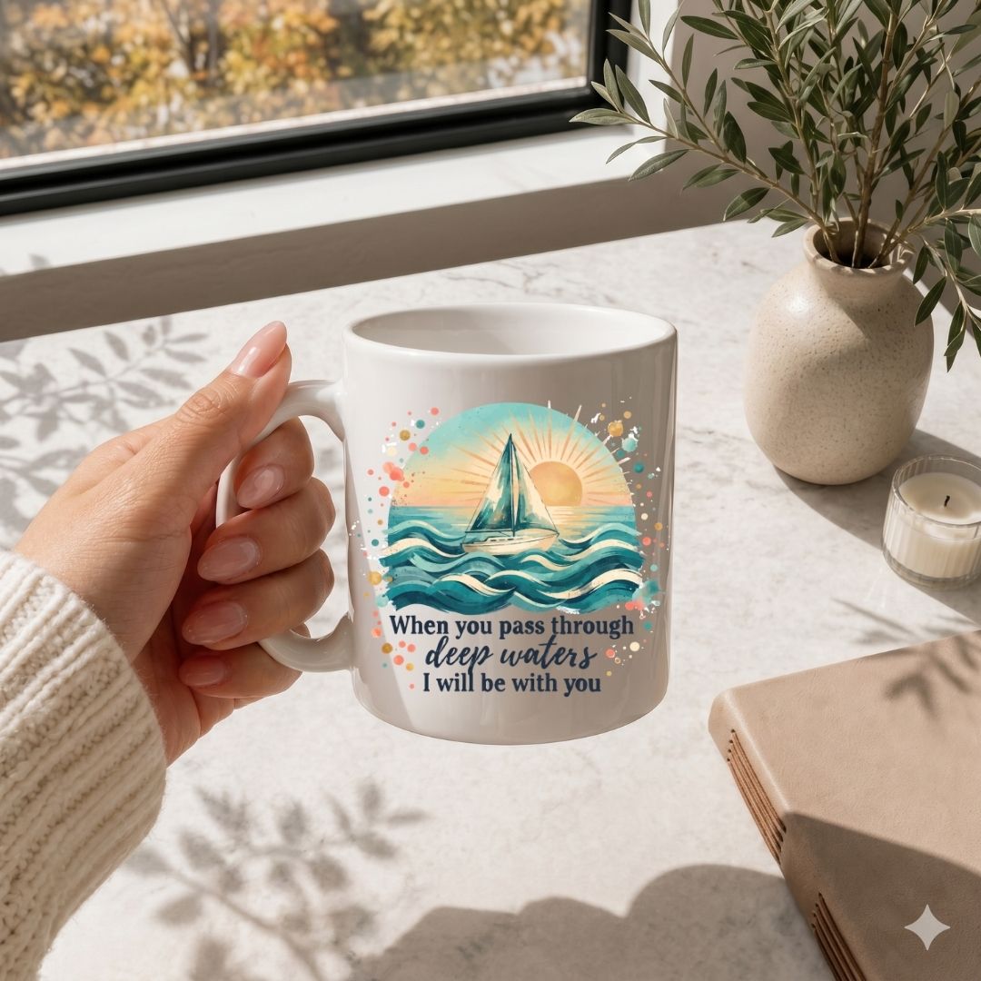 A hand holds a white ceramic mug with a colorful sailboat and ocean graphic, printed with the quote 'When you pass through deep waters I will be with you'. The mug is shown in a bright, sunlit room near a window, with a potted plant, candle, and book in the background.