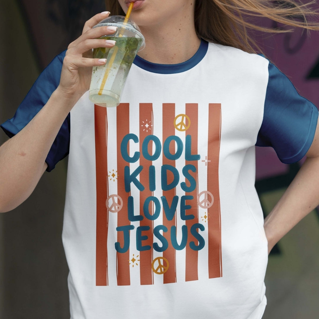 Trendy Cool Kids Love Jesus PNG | Striped Contrast Ringer Tee Sublimation Design