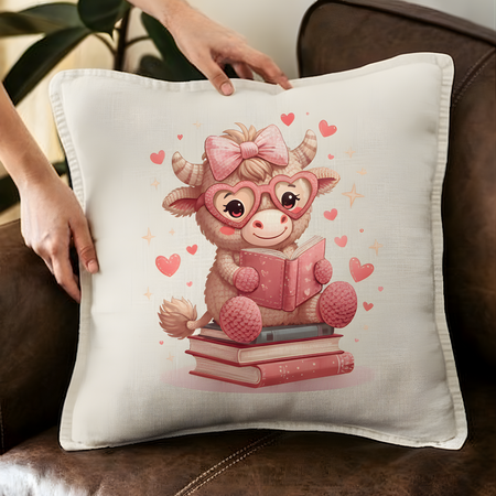 Decorative pillow with a cartoon bull reading a book, wearing glasses and a bow, held by a person on a couch.