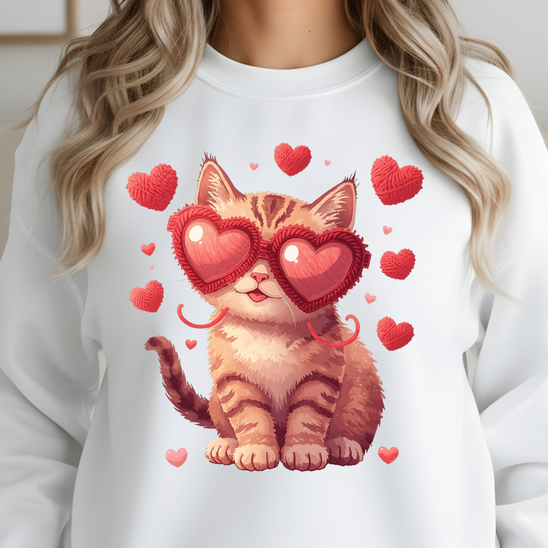 White sweatshirt with a cat wearing heart-shaped sunglasses design, surrounded by red hearts.