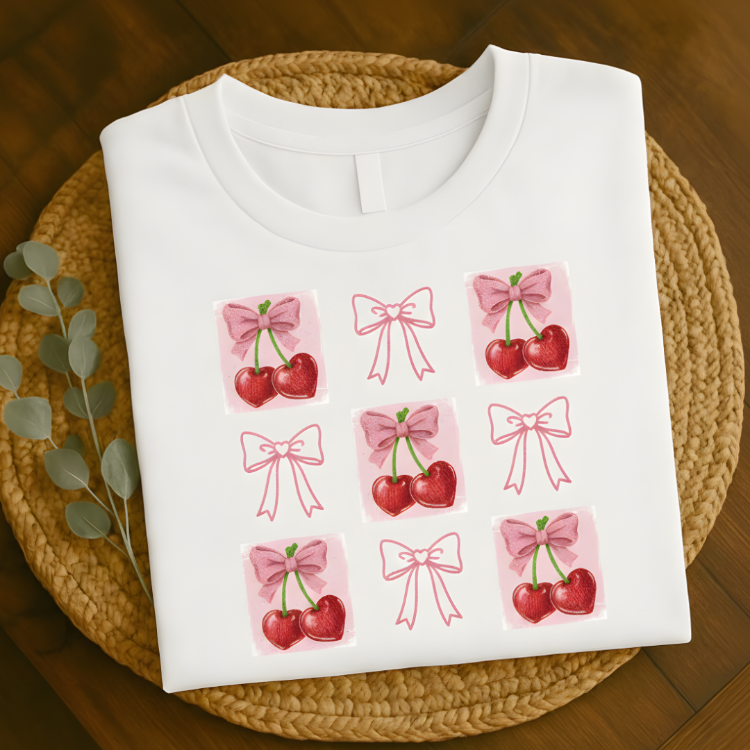 White t-shirt with cherry and bow design on a woven surface