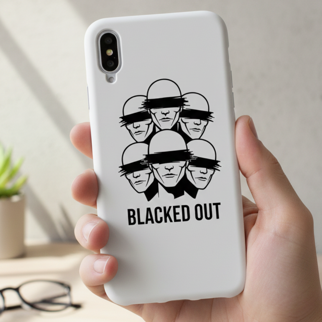 Phone case with blindfolded faces design and 'Blacked Out' text held by a hand.