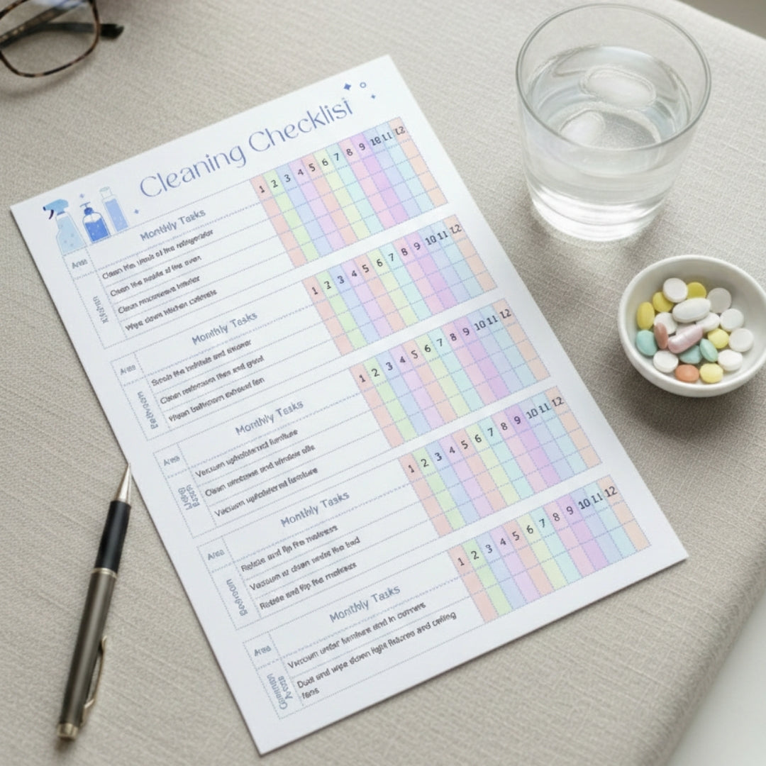 Cleaning checklist with pastel task items on a table with a pen and glass of water.
