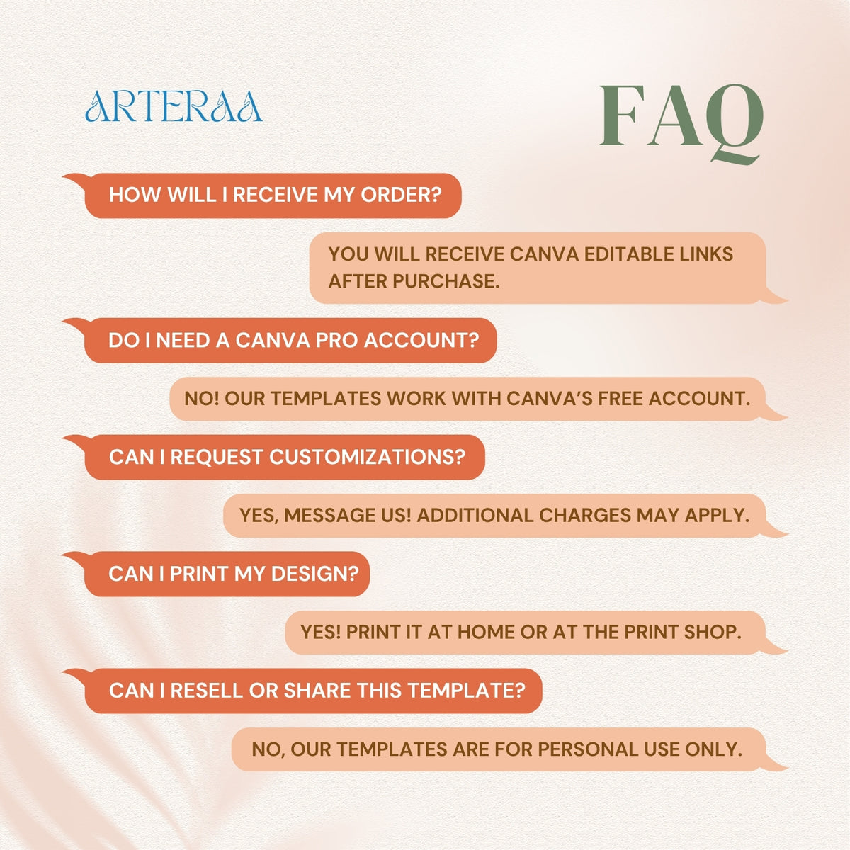 FAQ section with Arteraa branding on a light pink background