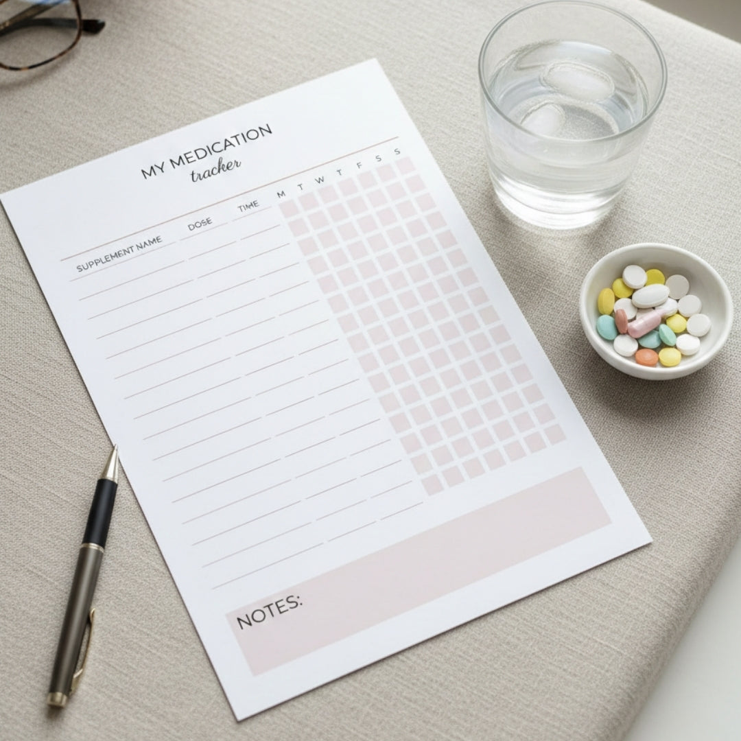 Medication tracker sheet with a glass of water and bowl of pills on a table