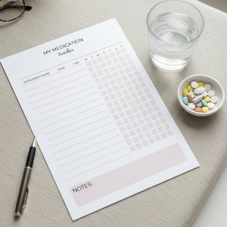 Medication tracker sheet with a glass of water and bowl of pills on a table