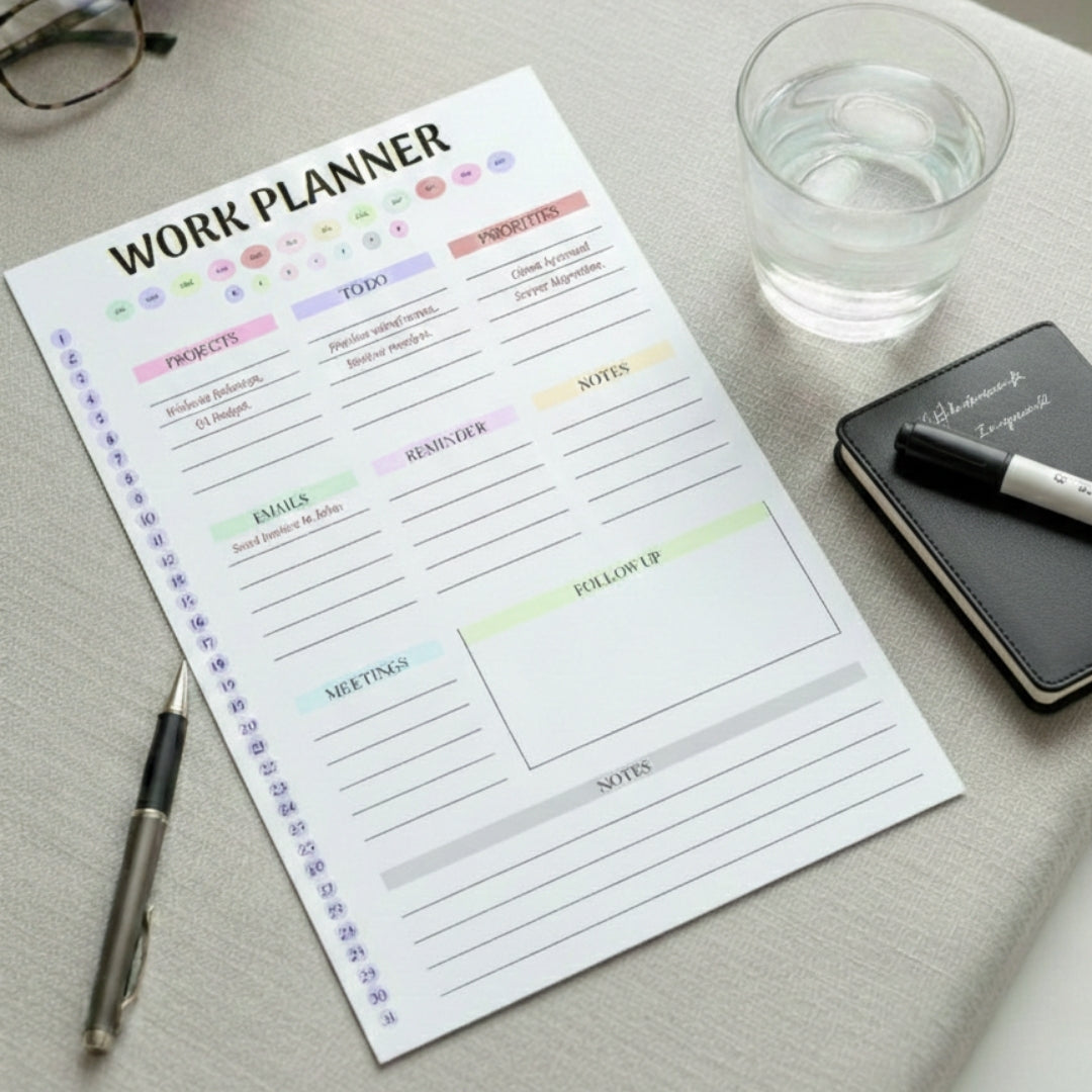 Work planner sheet on a desk with a pen, glass of water, and notebook.