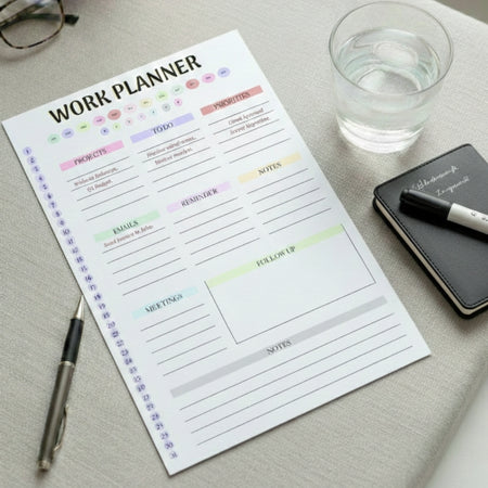 Work planner sheet on a desk with a pen, glass of water, and notebook.