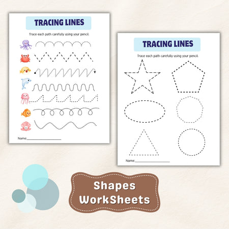Two tracing lines worksheets with shapes on a beige background