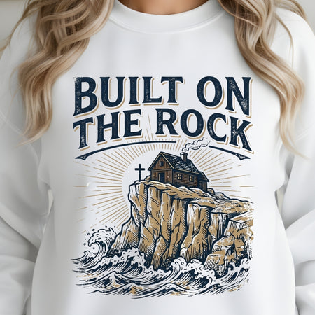 White sweatshirt with 'Built on the Rock' graphic design featuring a house on a cliff.