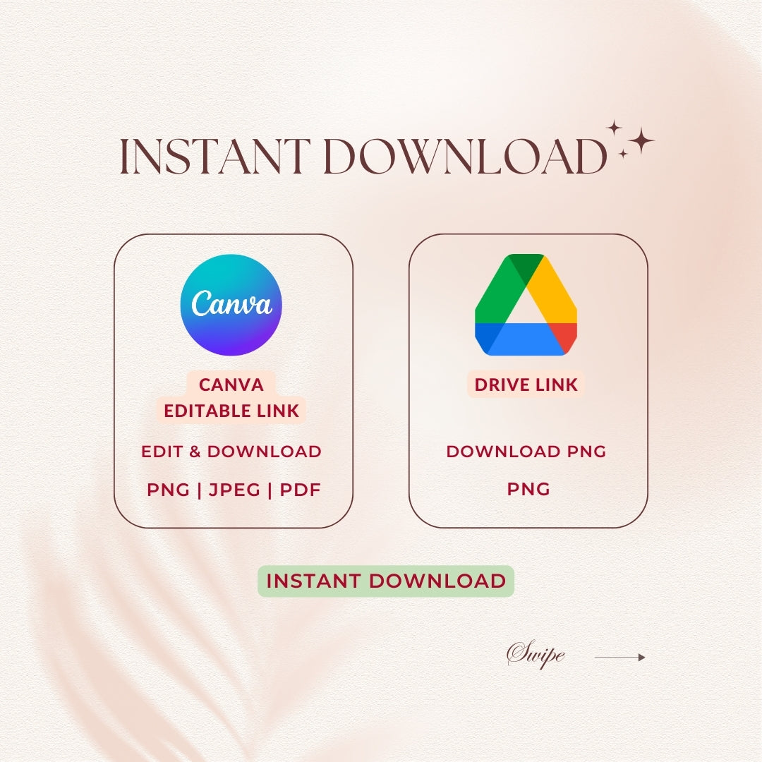 Promotional graphic for instant download options with Canva and Google Drive logos on a light pink background.