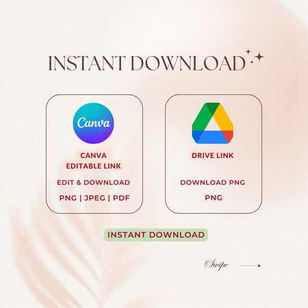 Promotional graphic for instant download options with Canva and Google Drive logos on a light pink background.