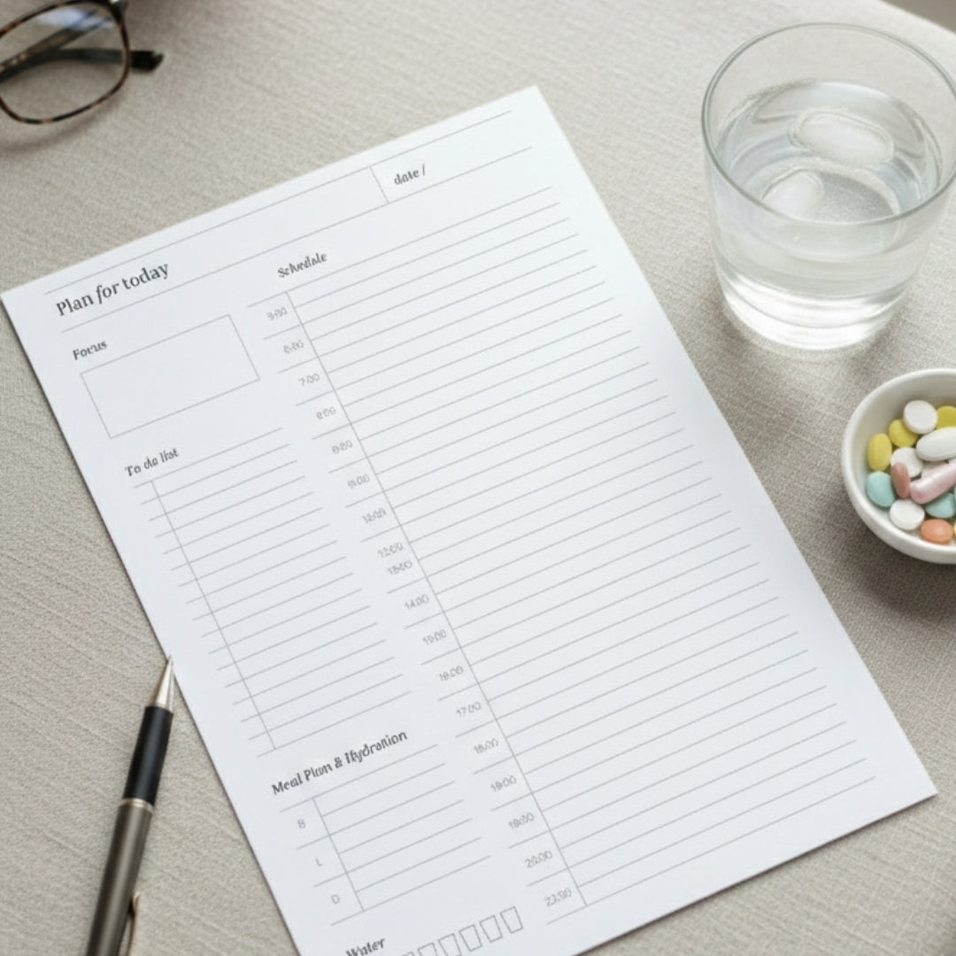 Daily planner sheet on a table with a pen, glass of water, and small bowl of pills.