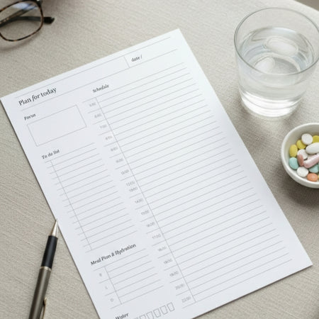Daily planner sheet on a table with a pen, glass of water, and small bowl of pills.