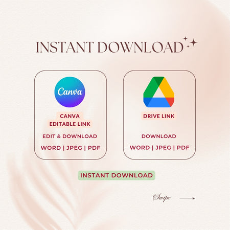Promotional graphic for instant download options with Canva and Google Drive logos on a beige background.