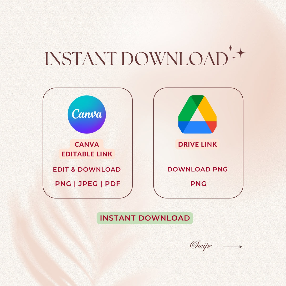 Promotional graphic for instant download options with Canva and Google Drive logos on a light pink background.