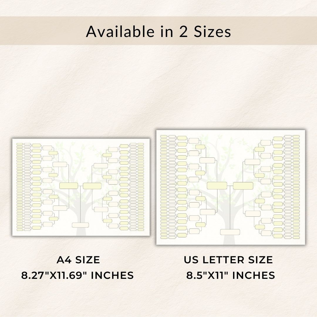 Two tree illustrations with text indicating A4 and US Letter size options on a beige background.