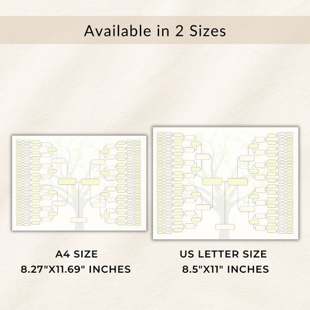 Two tree illustrations with text indicating A4 and US Letter size options on a beige background.