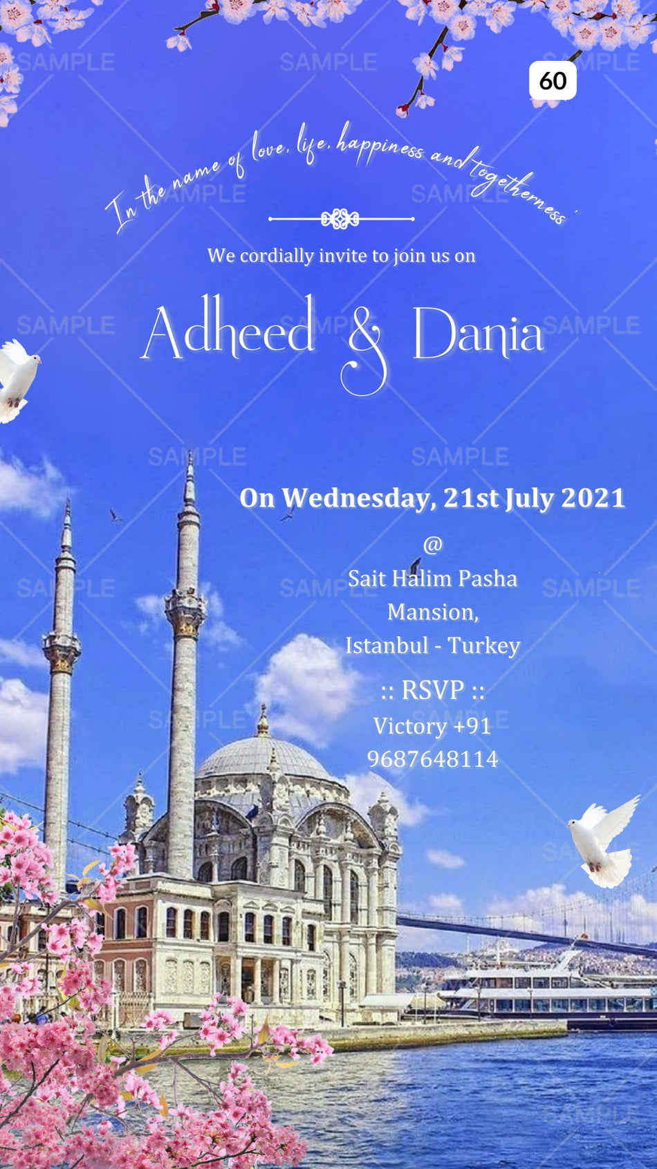 Save the Date card Canva Editable Template in english language with birds, flowers as mosque theme design 60