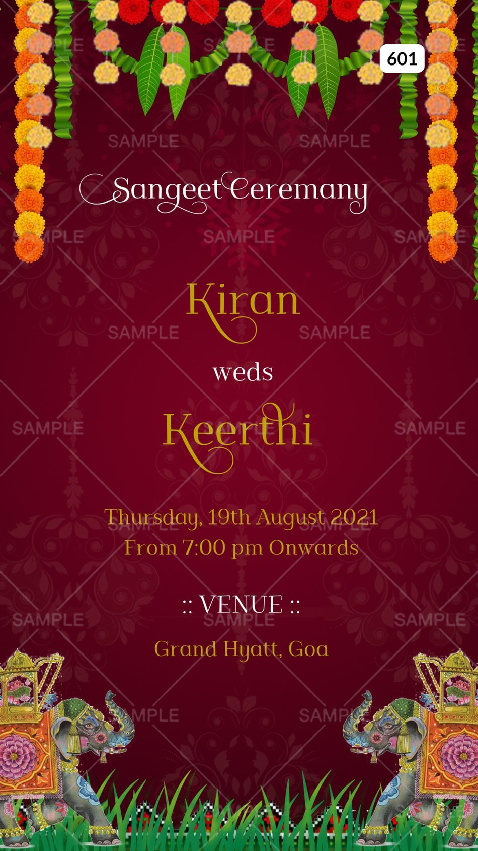 Sangeet Sandhya Ceremony invitation card Canva Editable Template in english language with elephants, garland as traditional theme design 601