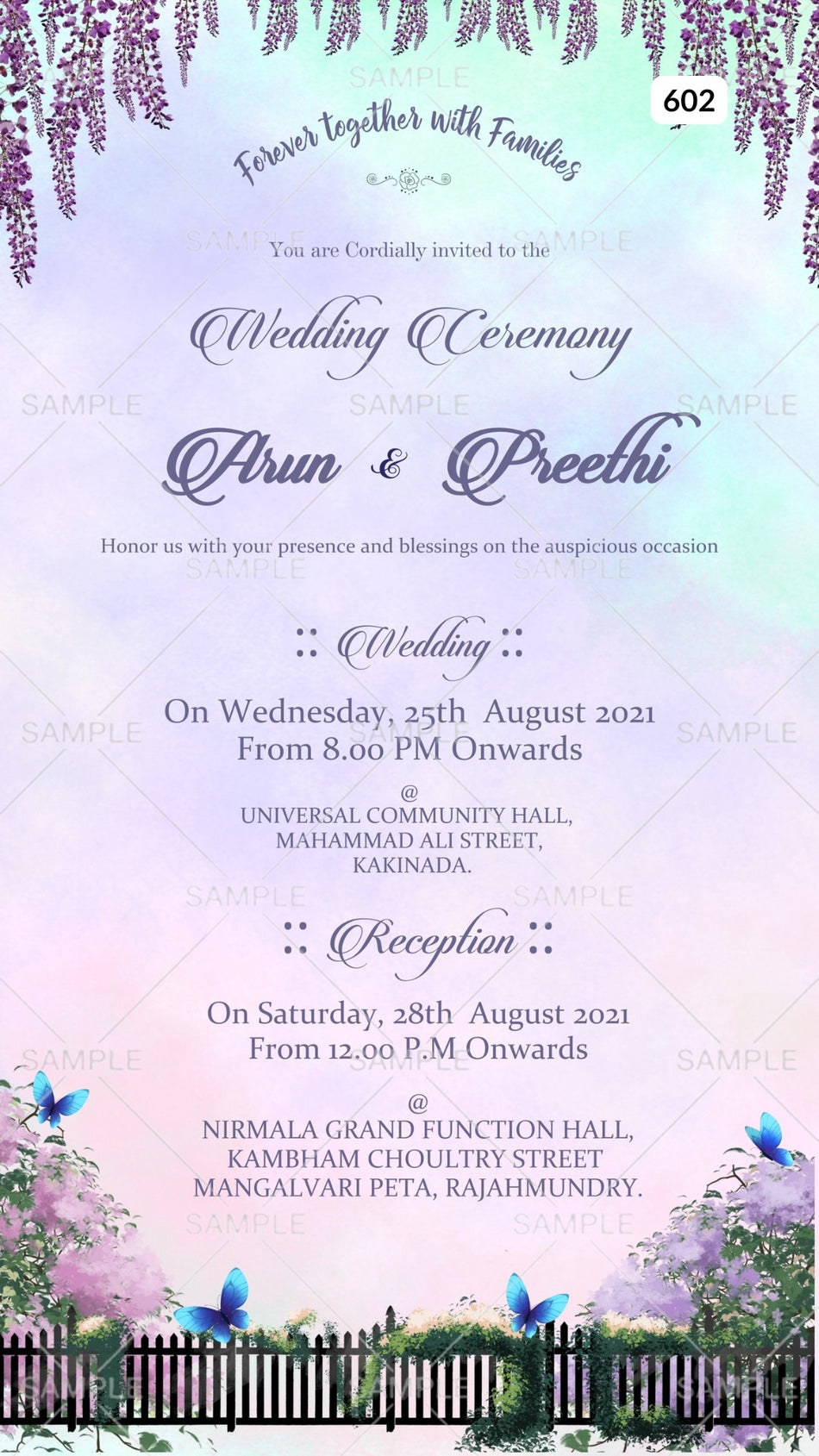 Wedding ceremony invitation card Canva Editable Template of hindu south indian telugu family in english language with  Garden theme design 602