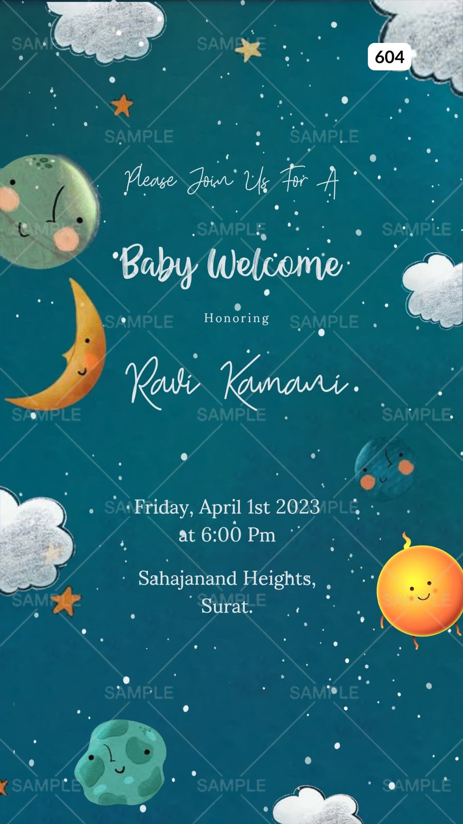 Baby welcome party invitation card Canva Editable Template in english language with space theme design 604