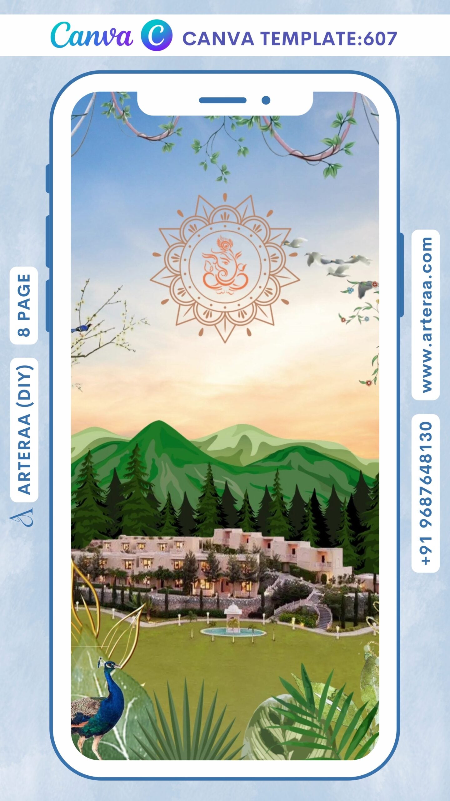 Wedding ceremony invitation Canva Editable video Template of hindu south indian kannada family in english language with Artistic mountain and nature theme design 607