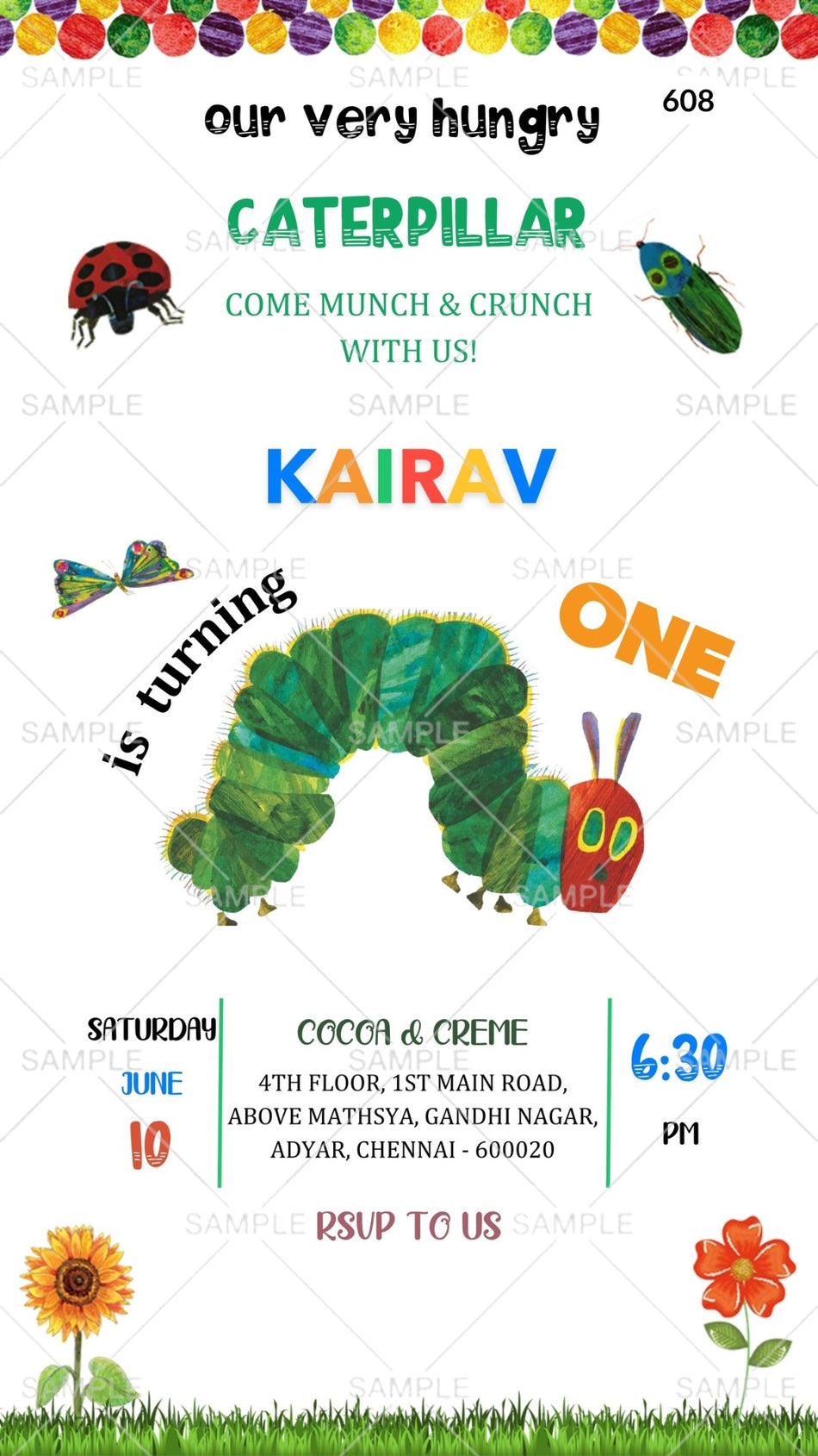 Birthday party invitation card Canva Editable Template for boy in english language with sunflower, insects as caterpillar theme design 608