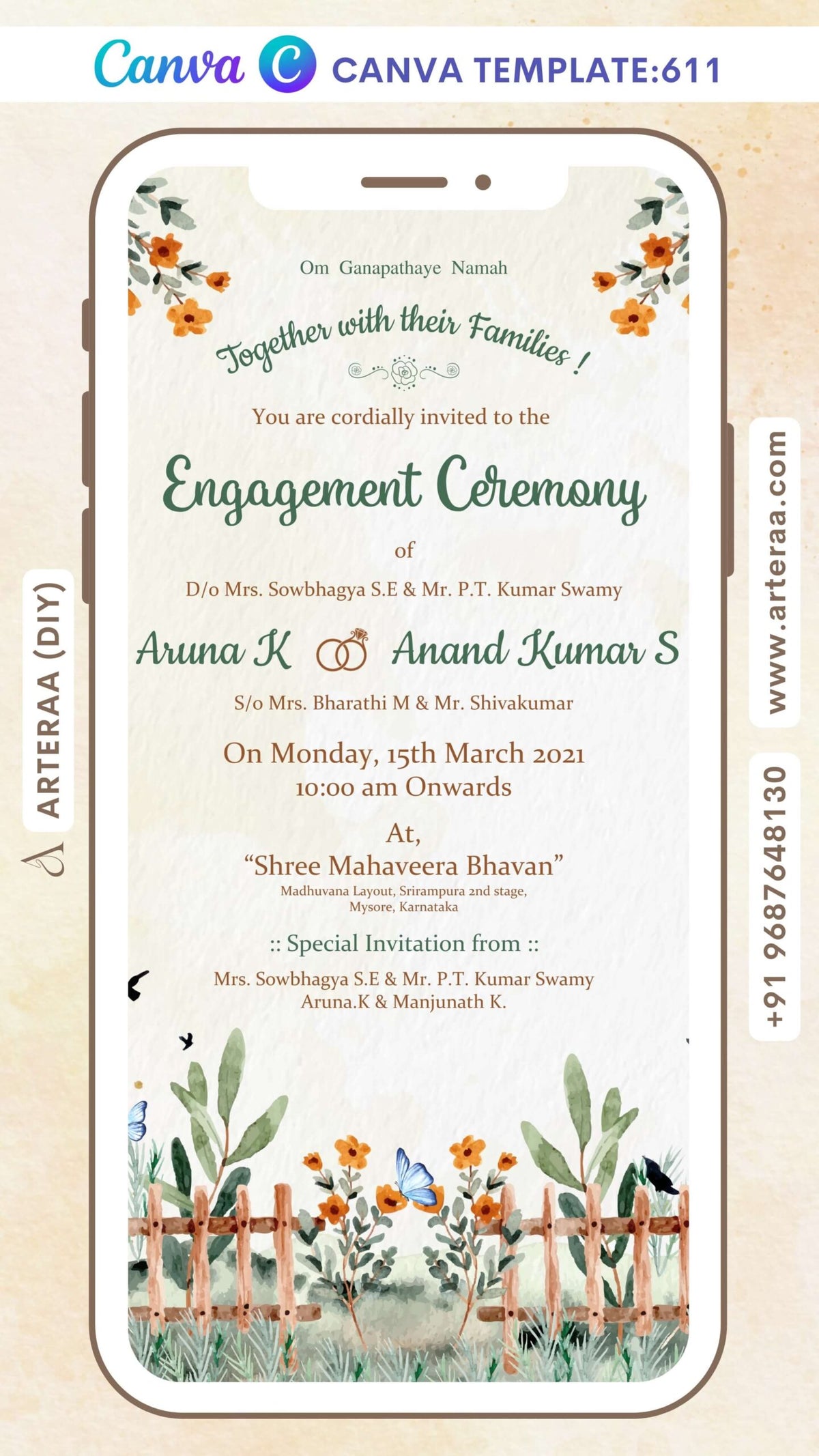 Engagement ceremony invitation card Canva Editable Template in english language with leaves, flowers as garden theme design 611