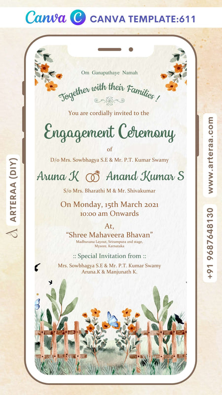 Engagement ceremony invitation card Canva Editable Template in english language with leaves, flowers as garden theme design 611