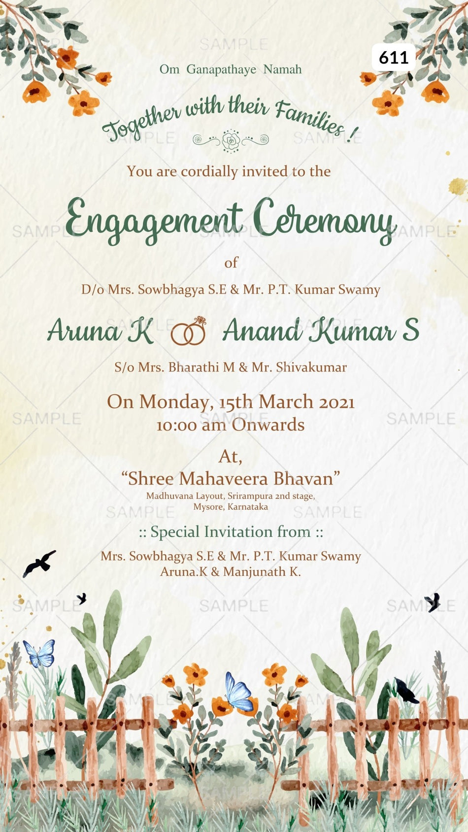Engagement ceremony invitation card Canva Editable Template in english language with leaves, flowers as garden theme design 611
