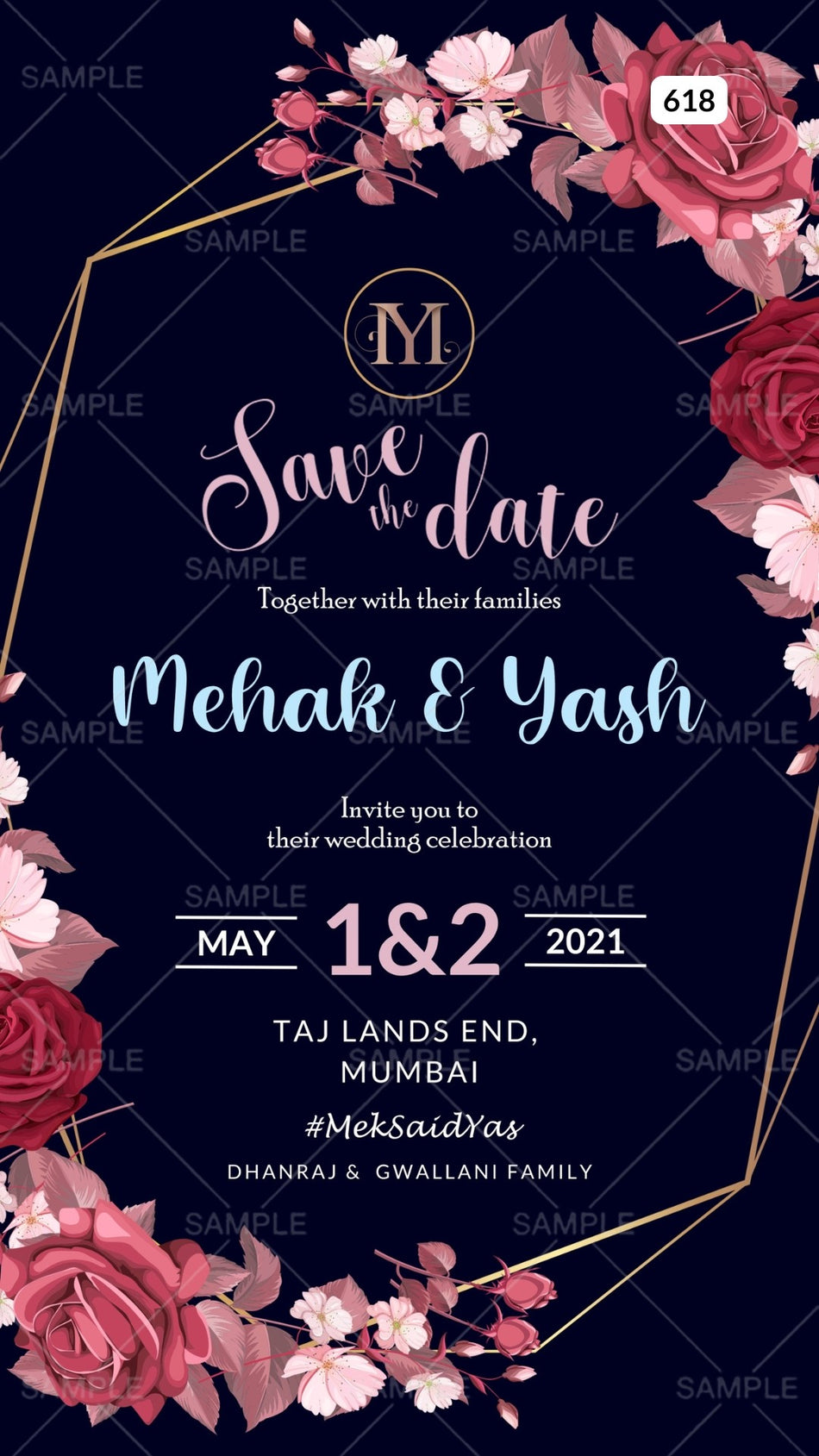 Save the Date card Canva Editable Template in english language with flowers, couple logo as floral theme design 618