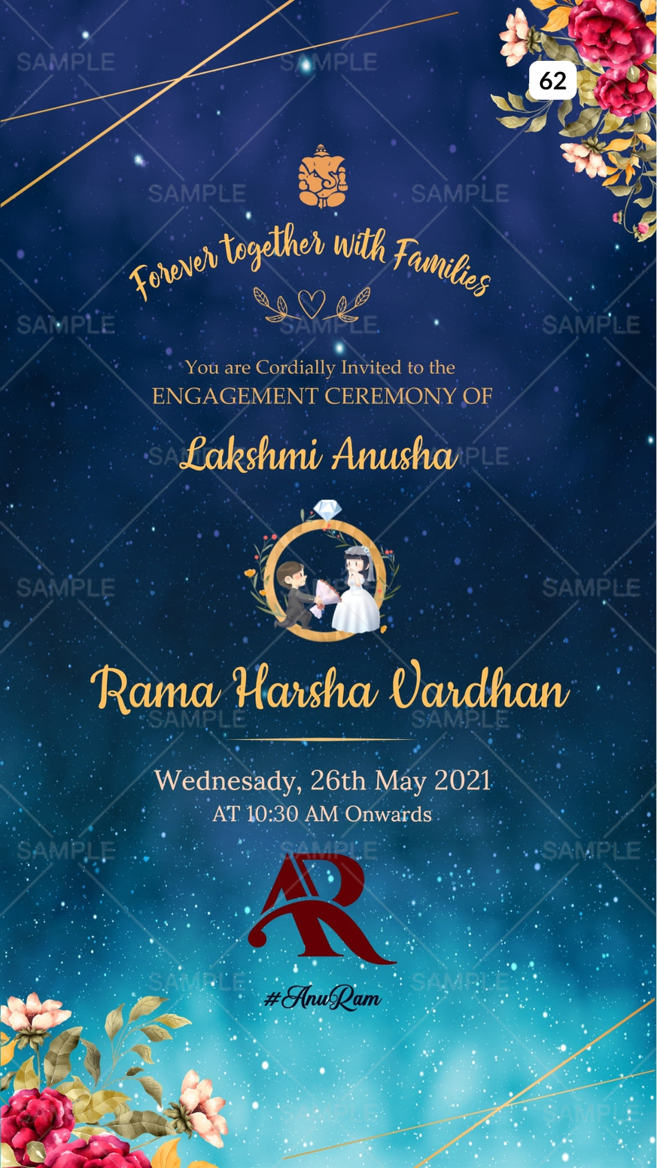 Engagement ceremony invitation card Canva Editable Template in english language with rose, golden line as glittery theme design 62