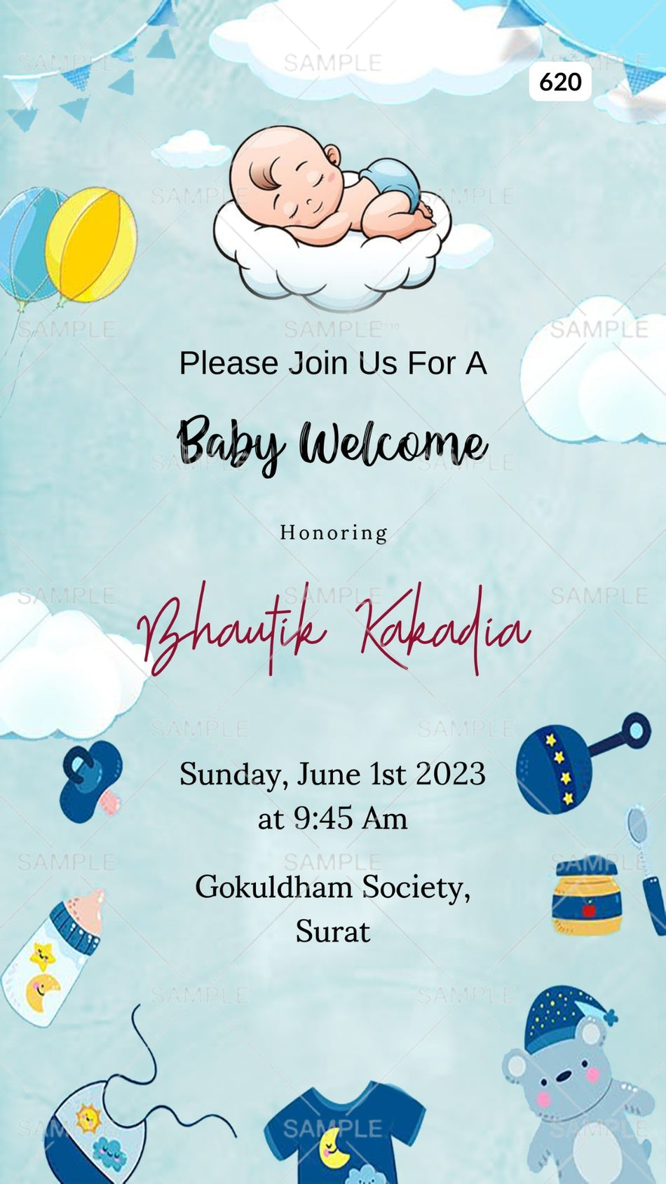 Digital Baby Welcome Ceremony Invitation Of Gujarati Family In English Language With Texture And Playful Theme Canva Editable Template Design no - 620